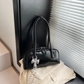 Chic black retro Boston shoulder bag for women with an elegant silver bow charm - Black With Pendant / Black