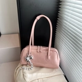 Stylish retro pink Boston shoulder bag for women with a decorative silver bow charm - Pink With Pendant / Pink