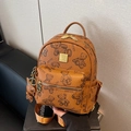 Brown PU leather backpack with teddy bear prints and matching coin purse accessory - Brown with Pendant