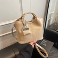Beige faux leather bucket bag with top handle and matching mini purse attachment - Khaki with Pendant