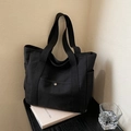 Bolso tote de lona negra de gran capacidad con bolsillo frontal de botón y ranuras laterales - Negro