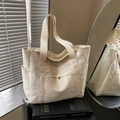 Bolso tote de lona blanco crema con diseño multibolsillo y correas largas - Blanco