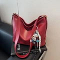 Deep red minimalist hobo shoulder bag in smooth leather with cute plush dog pendant - With Charm / Wine Red (With Pendant)