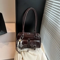 Retro dark brown patent leather underarm bag with double pockets and bear charm - With Charm / Brown