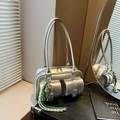 Metallic silver underarm bag with multi-pockets and a green heart charm accessory - With Charm / Silver