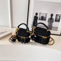Quilted tweed mini vanity bag in black with gold chain and plush monster charm - Large (With Pendant) / Black