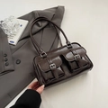 Fashionable dark brown patent leather underarm bag with double front buckle pockets - No Pendant / Brown