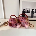 Pink quilted tweed crossbody bag set with elegant metal chain and furry charm detail - Large (With Pendant) / Burgundy