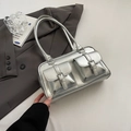 Fashionable metallic silver shoulder bag with double buckled pockets and long handles - No Pendant / Silver