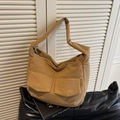 Khaki large capacity tote bag with dual front utility pockets and wide shoulder strap - Khaki