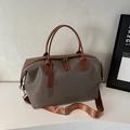 Olive gray nylon tote bag with brown leather handles and adjustable shoulder strap - S / Khaki