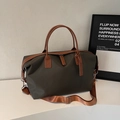 Olive green nylon travel tote bag with brown leather trim and detachable shoulder strap - S / Green