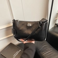 Borsa sottobraccio minimalista in pelle PU nera con chiusura a scatto argento per donna - Grande / Nero