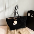 Minimalist black matte tote bag with white heart plush pendant and dual shoulder straps - Black with Pendant