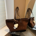Brown faux suede large tote bag with a white plush heart charm and bow accent - Coffee with Pendant