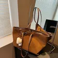 Dark brown large capacity tote bag with ribbon tie and white heart plush charm - Yellow Brown With Pendant