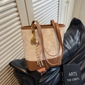 Beige and brown tote bag with embossed star patterns and tennis racket pendant accessory - With Charm / Brown