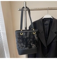 Black underarm bucket bag with embossed star patterns and gold rings for women - No Pendant / Black
