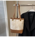 Chic beige bucket bag with star embossing and brown leather trim details - No Pendant / Brown