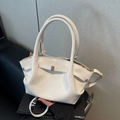 Chic cream pleated tote bag with golden buckle and adjustable shoulder strap for women - Off-white