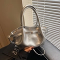 Metallic silver pleated tote bag with round handles and detachable strap for fashion styling - Silver
