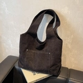 Grande borsa tote minimalista in velluto a coste marrone scuro con cuciture a contrasto - Nero