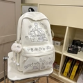 Cream white cartoon backpack with cute bear illustrations and a plush ball charm - Black Pattern With Pendant