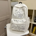 Cute off-white cartoon backpack with bear and rainbow prints for school and travel - Black Pattern Without Pendant