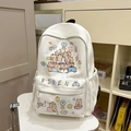 Cute beige canvas backpack with colorful Capybara cartoon prints and front zipper pocket - Multicolor Pattern Without Pendant