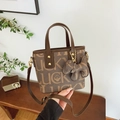 Brown bucket bag with LUCKY print, top handle and detachable shoulder strap - With Charm / Brown