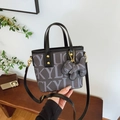 Deep grey tote bag with Lucky letter print, black leather trim and golden hardware - With Charm / Black