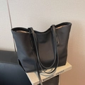 Large capacity black tote bag with woven texture and premium leather handles for women - Black