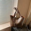 Deep brown matte leather tote bag with elegant tassel charm and dual shoulder straps - Coffee with Pendant