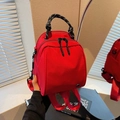 Mini red backpack with woven handle and double zipper compartments for casual style - Red
