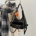 Glossy black patent leather tote bag with white contrast stitching and puppy charm - Black with Pendant