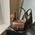 Vintage dark brown hobo tote bag in glossy leather with a cute dog pendant accessory - Coffee with Pendant