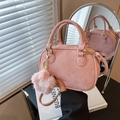 Pink suede-style cylinder handbag with double handles and floral charm accessory - Pink (With Pendant)
