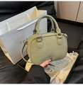 Morandi green matte leather boston bag with golden logo and detachable shoulder strap - Green (No Pendant)