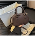 Dark brown suede bowling bag with twin top handles and detachable shoulder strap - Coffee (No Pendant)