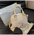 Chic beige Boston style mini handbag in frosted leather texture with golden hardware - White (Without Charm)