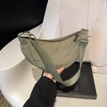Olive green crescent nylon crossbody bag with adjustable wide fabric shoulder strap - Green