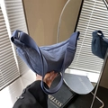 Minimalist dark blue nylon crescent shoulder bag with an adjustable wide strap - Blue