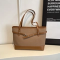 Brown woven tote bag with dark leather trim and silver metal lock for chic commuting - Brown