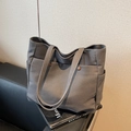 Dark grey canvas tote bag with retro metal rivets and practical side pockets - Dark Brown