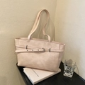 Minimalist beige tote bag with decorative leather strap and metal buckle for work - Pink
