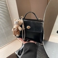 Chic black glossy square handbag with a golden lock and a cute plush bear charm - With Charm / Black