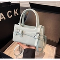 Elegante bolso de mano verde menta con lazo y correa de hombro ajustable en cuero PU - Azul