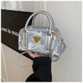 Silver velvet bowling bag with gold triangular logo and adjustable shoulder strap - Silver With Pendant (YM-6013) / Silver