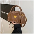 Coffee brown textured crossbody bowling bag with twin handles and golden logo detail - Brown With Pendant (YM-6013) / Brown