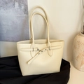 Minimalist cream white lychee texture tote bag with metal lock and long shoulder straps - Off-white